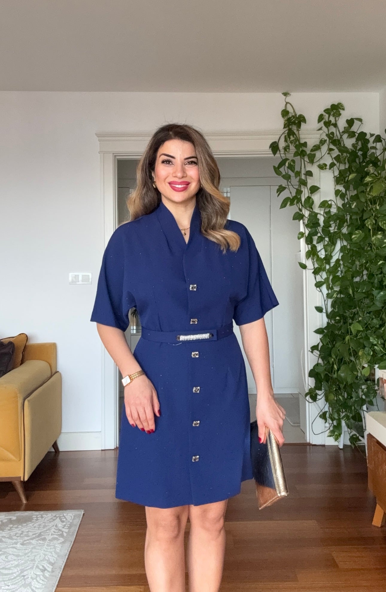 JEWEL BUTTON & BELT DETAIL WRAP COLLAR MINI DRESS – NAVY BLUE