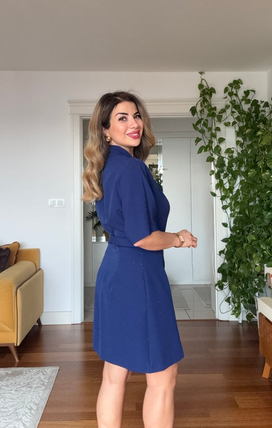 JEWEL BUTTON & BELT DETAIL WRAP COLLAR MINI DRESS – NAVY BLUE