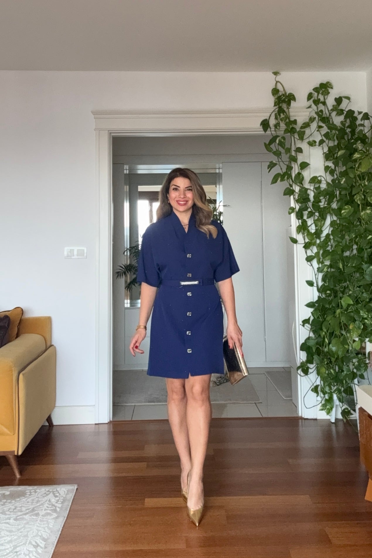 JEWEL BUTTON & BELT DETAIL WRAP COLLAR MINI DRESS – NAVY BLUE