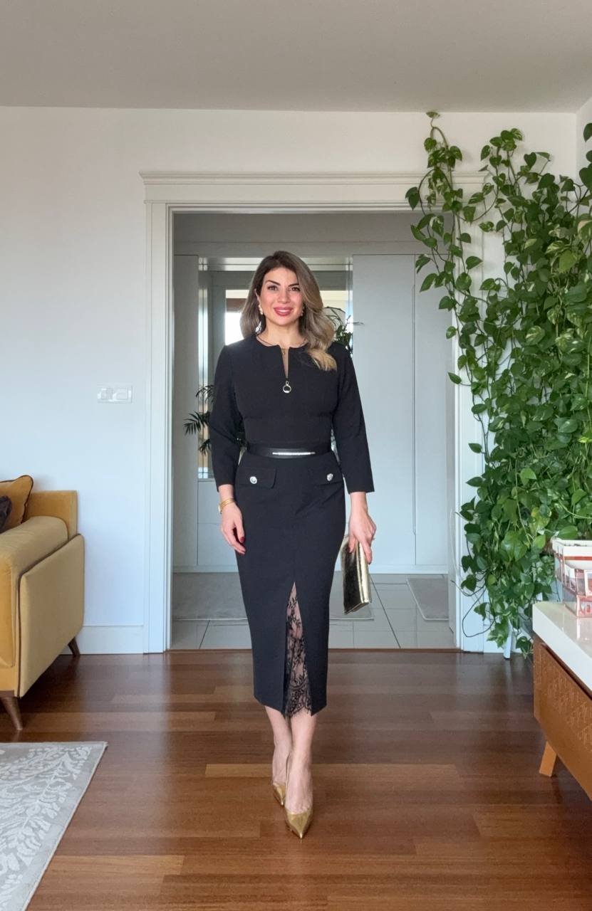 ZIPPER DETAIL LACE SLIT MIDI DRESS – BLACK