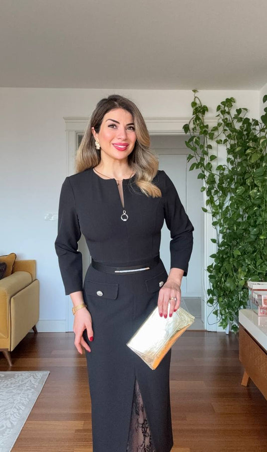 ZIPPER DETAIL LACE SLIT MIDI DRESS – BLACK