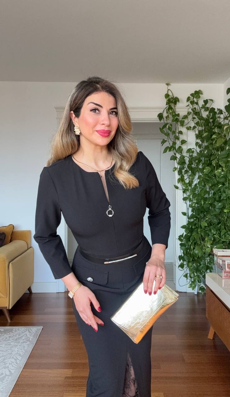 ZIPPER DETAIL LACE SLIT MIDI DRESS – BLACK