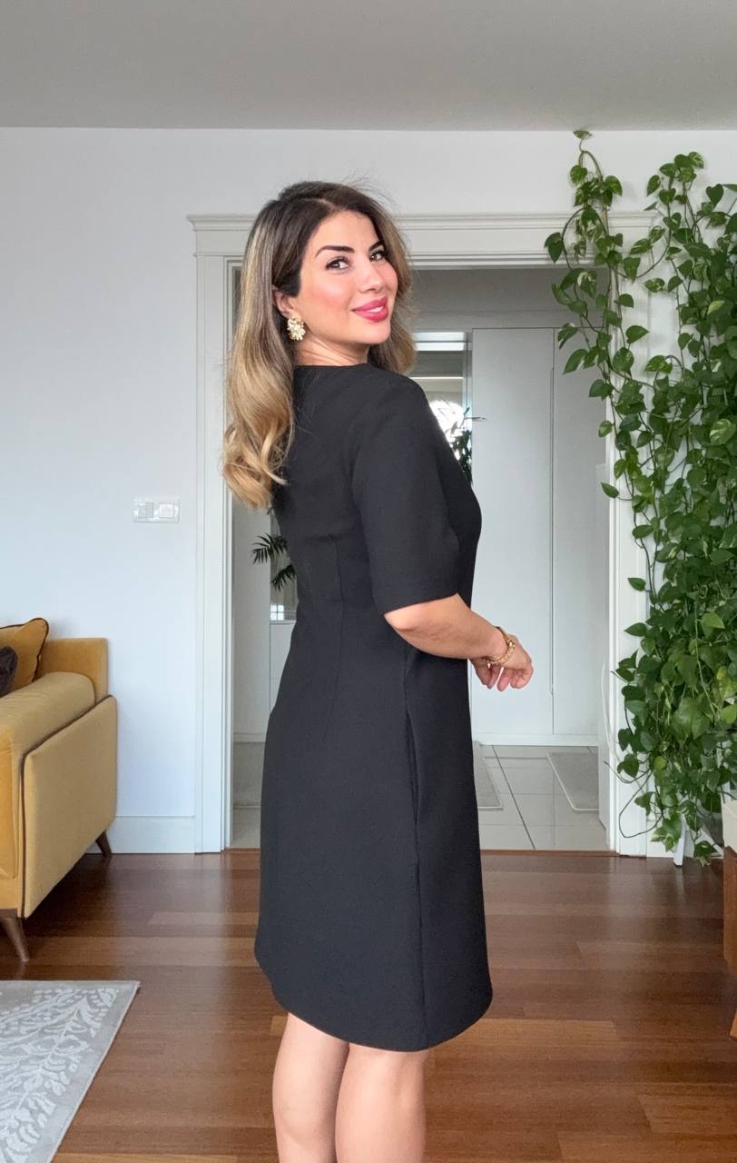 STONE-EMBELLISHED ROUND NECK SHORT SLEEVE MIDI DRESS – BLACK