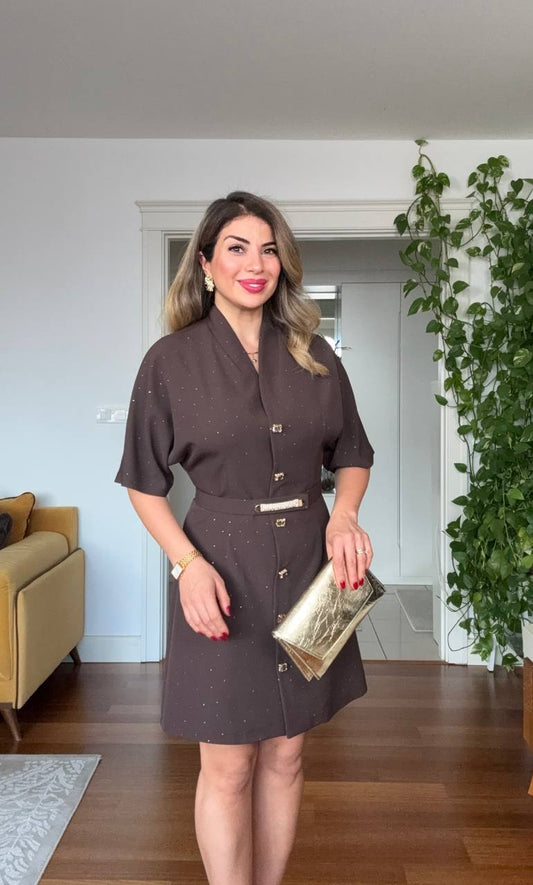 STONE EMBELLISHED BELTED BUTTON-DOWN MINI DRESS – BROWN