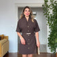 STONE EMBELLISHED BELTED BUTTON-DOWN MINI DRESS – BROWN