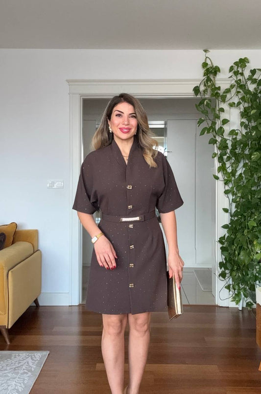STONE EMBELLISHED BELTED BUTTON-DOWN MINI DRESS – BROWN