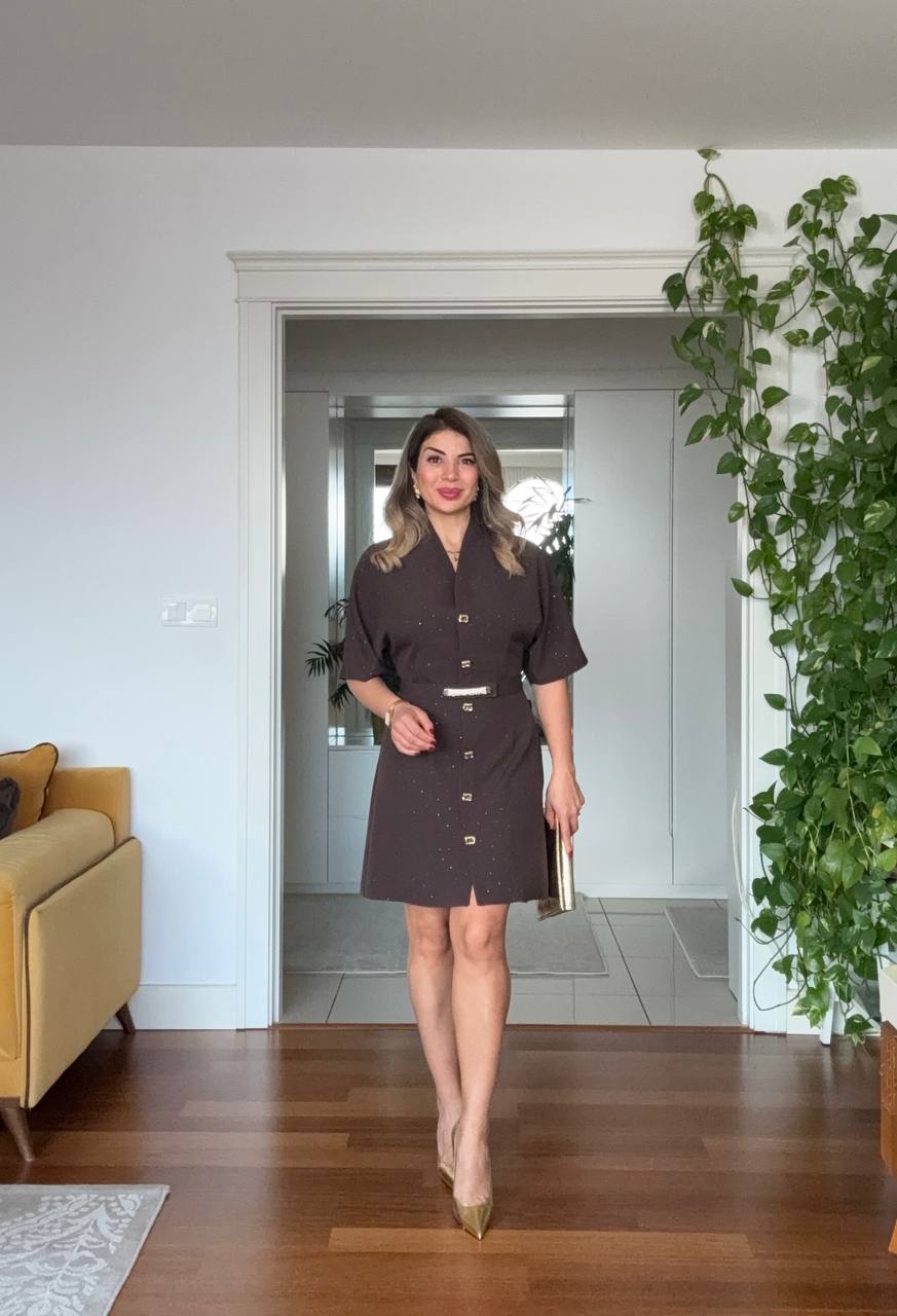 STONE EMBELLISHED BELTED BUTTON-DOWN MINI DRESS – BROWN