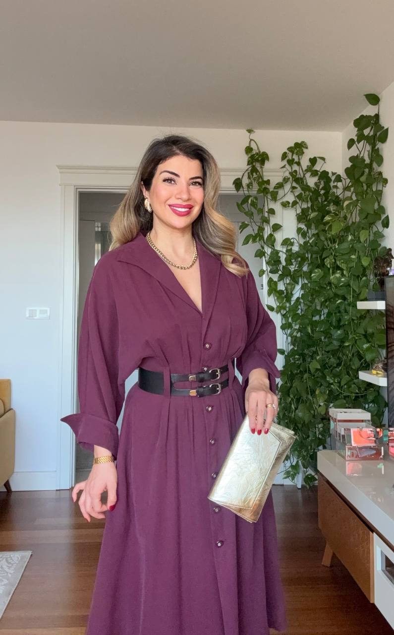 DOUBLE BELT DETAIL BUTTONED MIDI DRESS – BURGUNDY