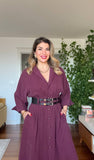 DOUBLE BELT DETAIL BUTTONED MIDI DRESS – BURGUNDY