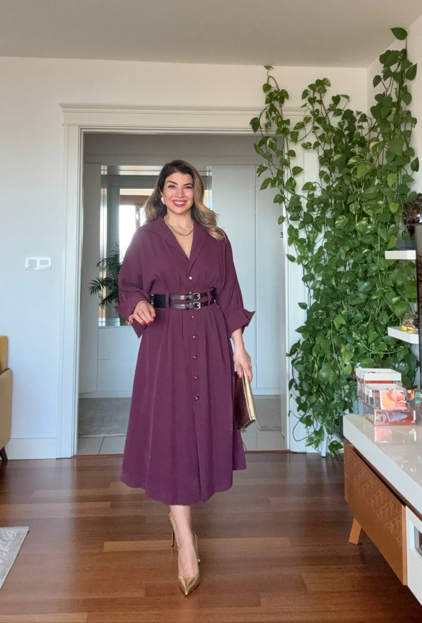 DOUBLE BELT DETAIL BUTTONED MIDI DRESS – BURGUNDY