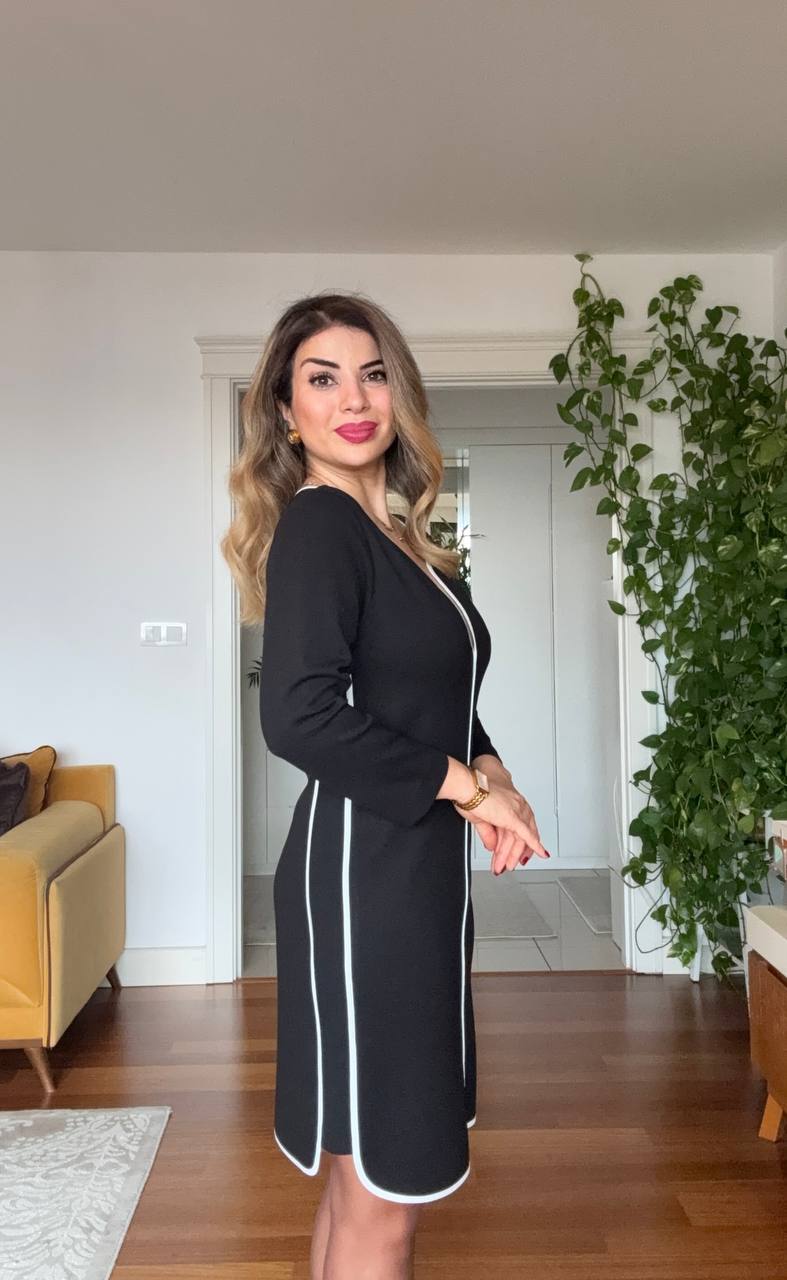 CONTRAST TRIM V-NECK LONG SLEEVE MIDI DRESS – BLACK