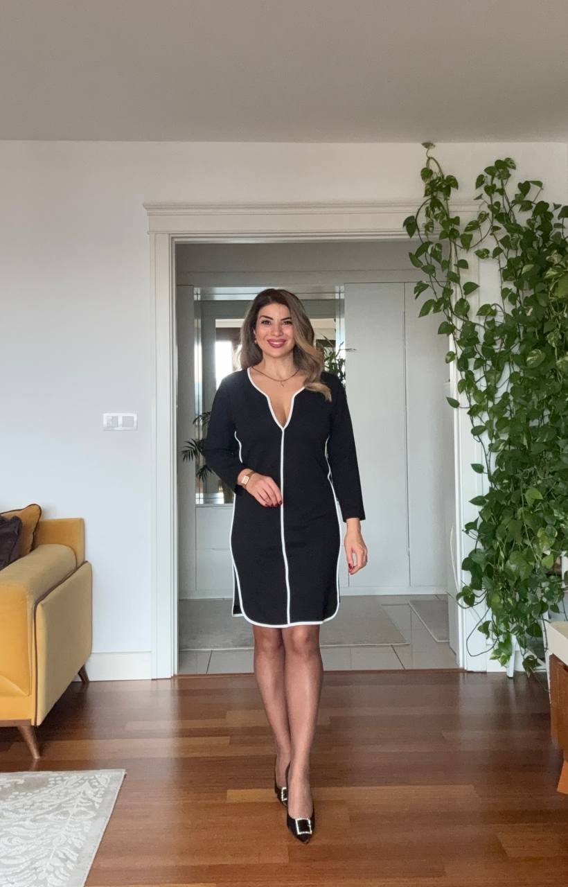 CONTRAST TRIM V-NECK LONG SLEEVE MIDI DRESS – BLACK