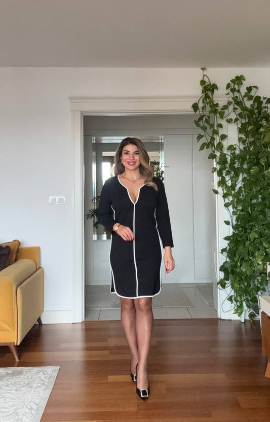 CONTRAST TRIM V-NECK LONG SLEEVE MIDI DRESS – BLACK