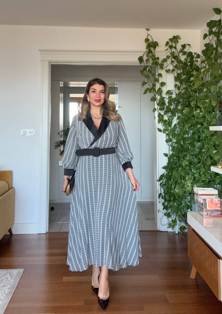 BELTED PATTERNED LONG SLEEVE MAXI DRESS – BLACK & WHITE