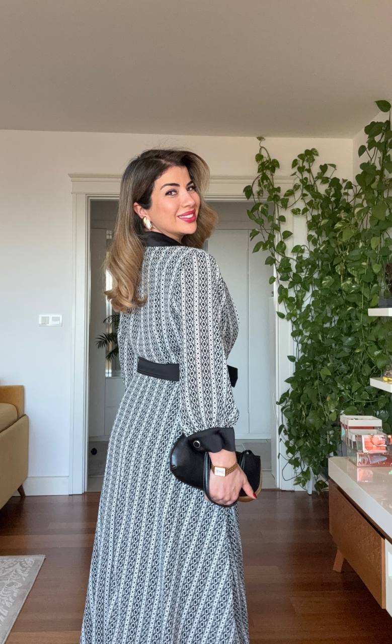 BELTED PATTERNED LONG SLEEVE MAXI DRESS – BLACK & WHITE