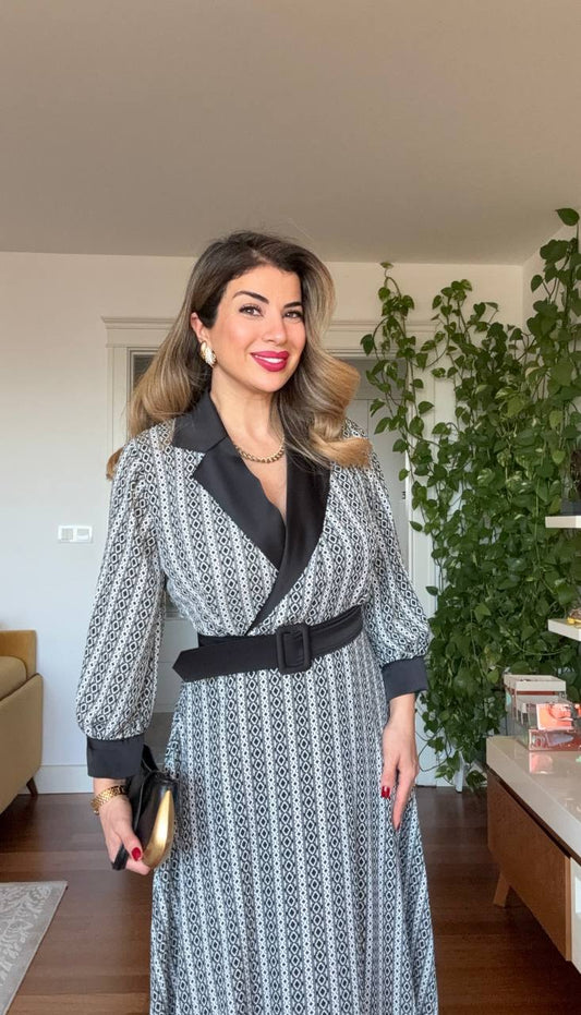 BELTED PATTERNED LONG SLEEVE MAXI DRESS – BLACK & WHITE