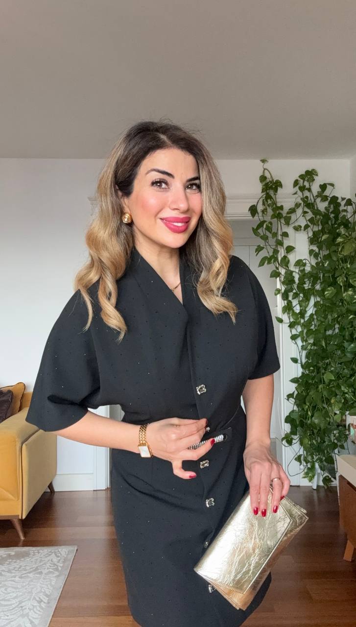 STONE EMBELLISHED BELTED BUTTON-DOWN MINI DRESS – BLACK