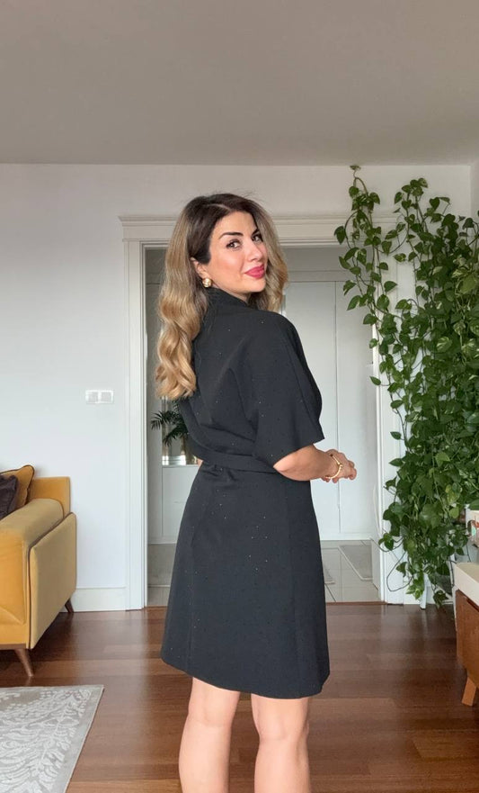 STONE EMBELLISHED BELTED BUTTON-DOWN MINI DRESS – BLACK