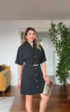 STONE EMBELLISHED BELTED BUTTON-DOWN MINI DRESS – BLACK