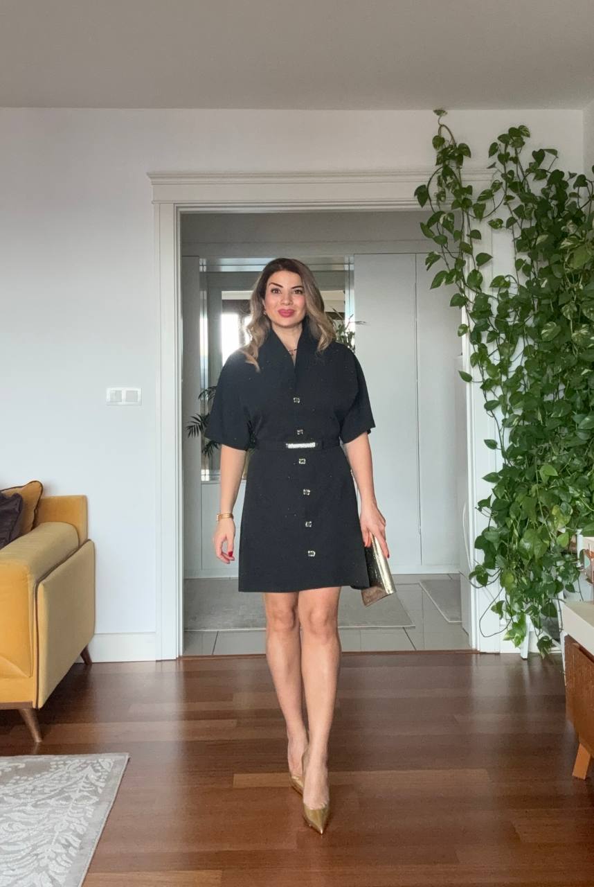 STONE EMBELLISHED BELTED BUTTON-DOWN MINI DRESS – BLACK