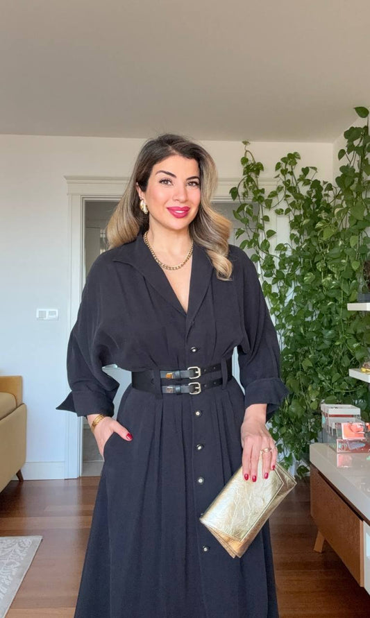 DOUBLE BELT DETAIL BUTTONED MIDI DRESS – BLACK