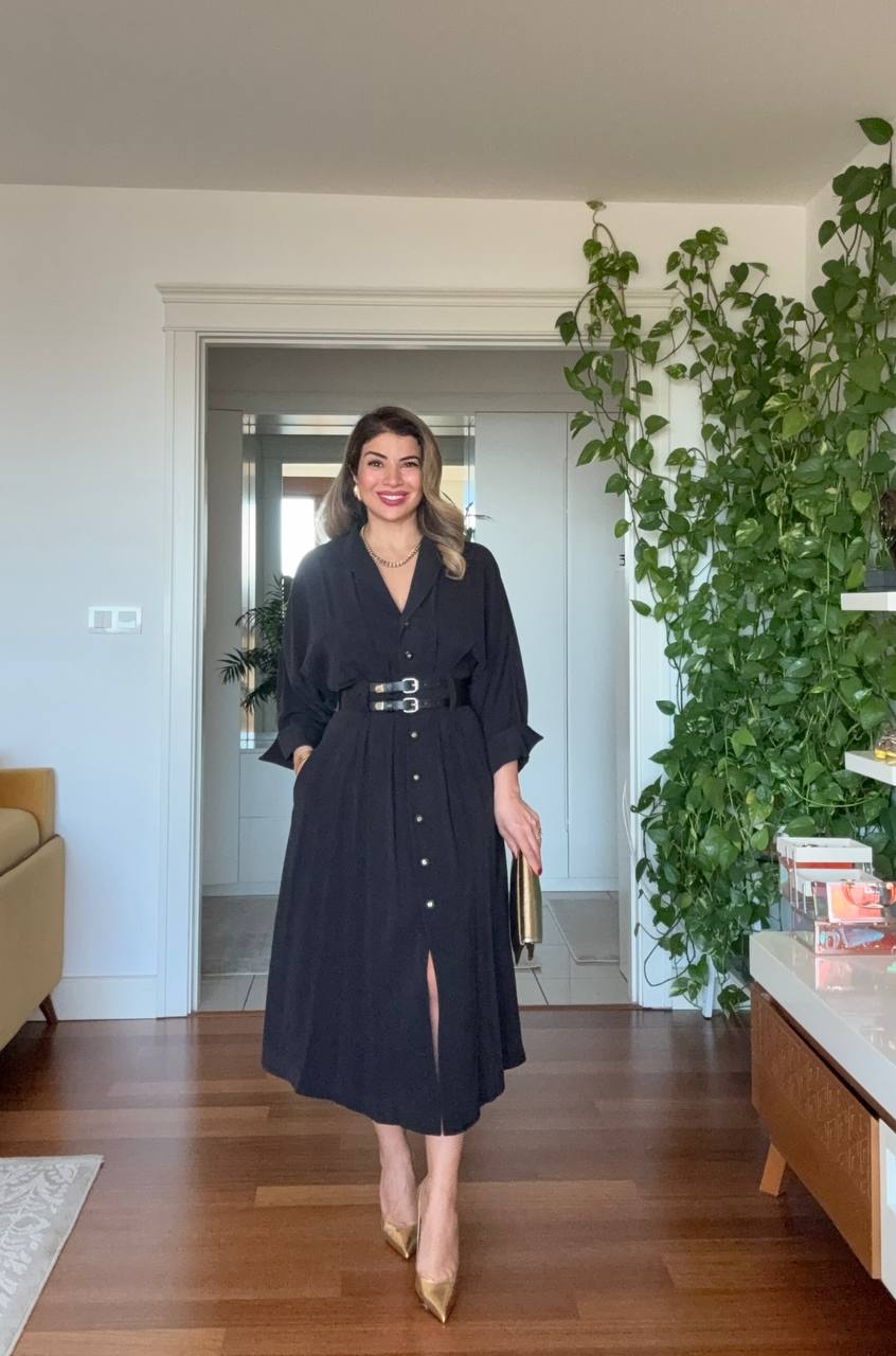 DOUBLE BELT DETAIL BUTTONED MIDI DRESS – BLACK