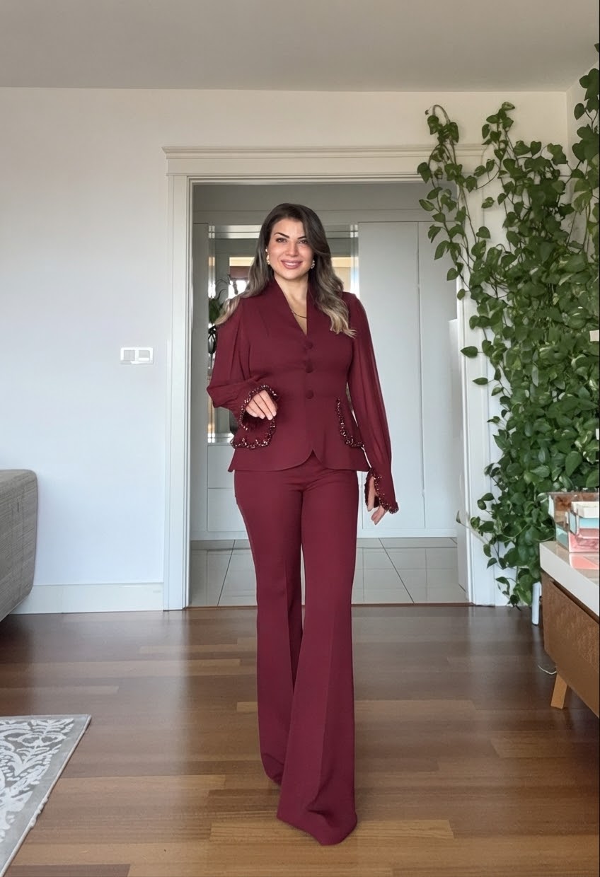 EMBELLISHED CHIFFON SLEEVE BLAZER SUIT -BURGENDY