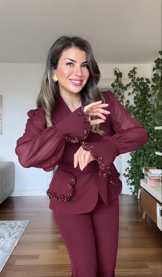 EMBELLISHED CHIFFON SLEEVE BLAZER SUIT -BURGENDY