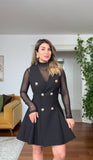 GOLD BUTTON DETAILED SHEER SLEEVE WRAP DRESS – BLACK