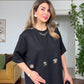 GOLD APPLIQUÉ DETAILED OVERSIZE MINI DRESS – BLACK