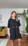 GOLD APPLIQUÉ DETAILED OVERSIZE MINI DRESS – BLACK