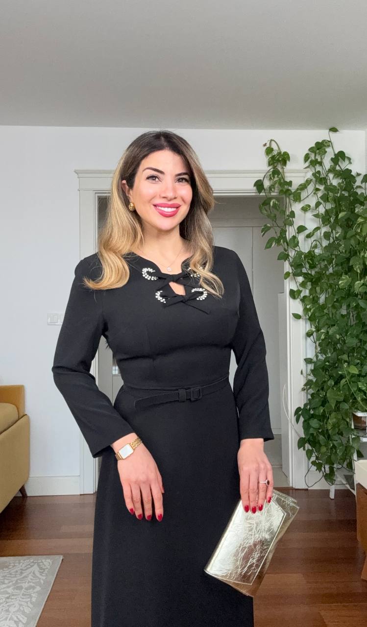 STONE-EMBELLISHED CUT-OUT NECK BELTED MAXI DRESS – BLACK