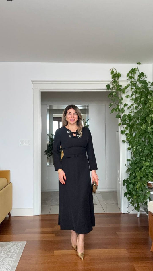 STONE-EMBELLISHED CUT-OUT NECK BELTED MAXI DRESS – BLACK