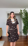POLKA DOT MIDI DRESS WITH BOW NECK DETAIL & POCKET DESIGN – BROWN