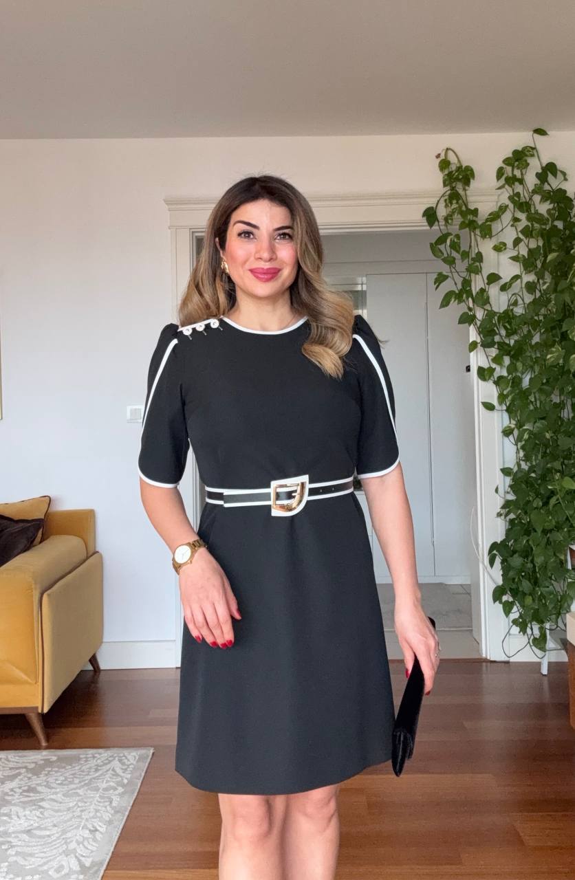 CONTRAST TRIM BELTED ELEGANT MIDI DRESS – BLACK