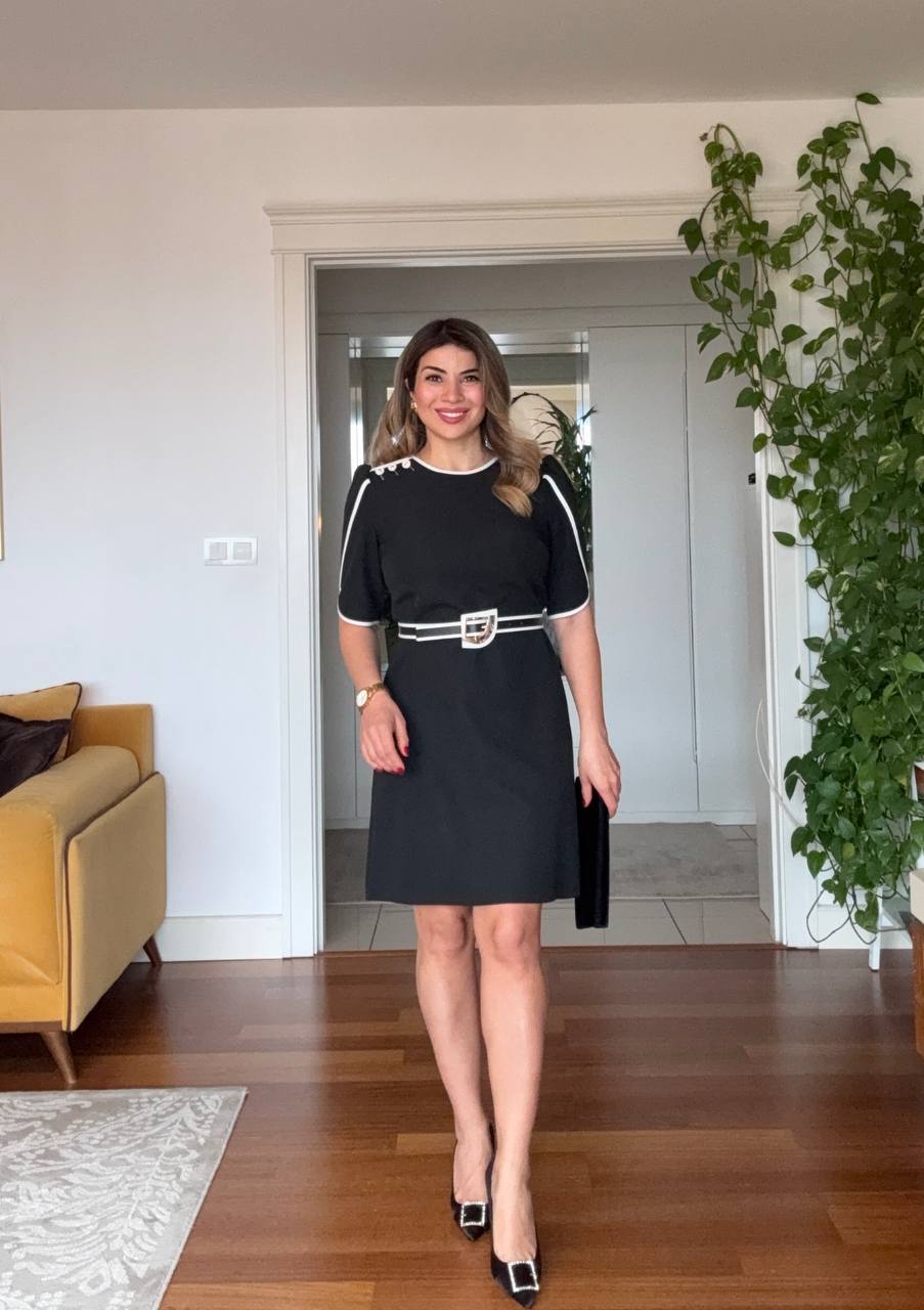 CONTRAST TRIM BELTED ELEGANT MIDI DRESS – BLACK