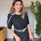 CONTRAST TRIM BELTED ELEGANT MIDI DRESS – BLACK