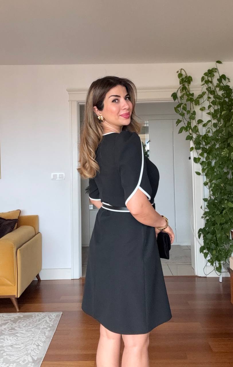 CONTRAST TRIM BELTED ELEGANT MIDI DRESS – BLACK