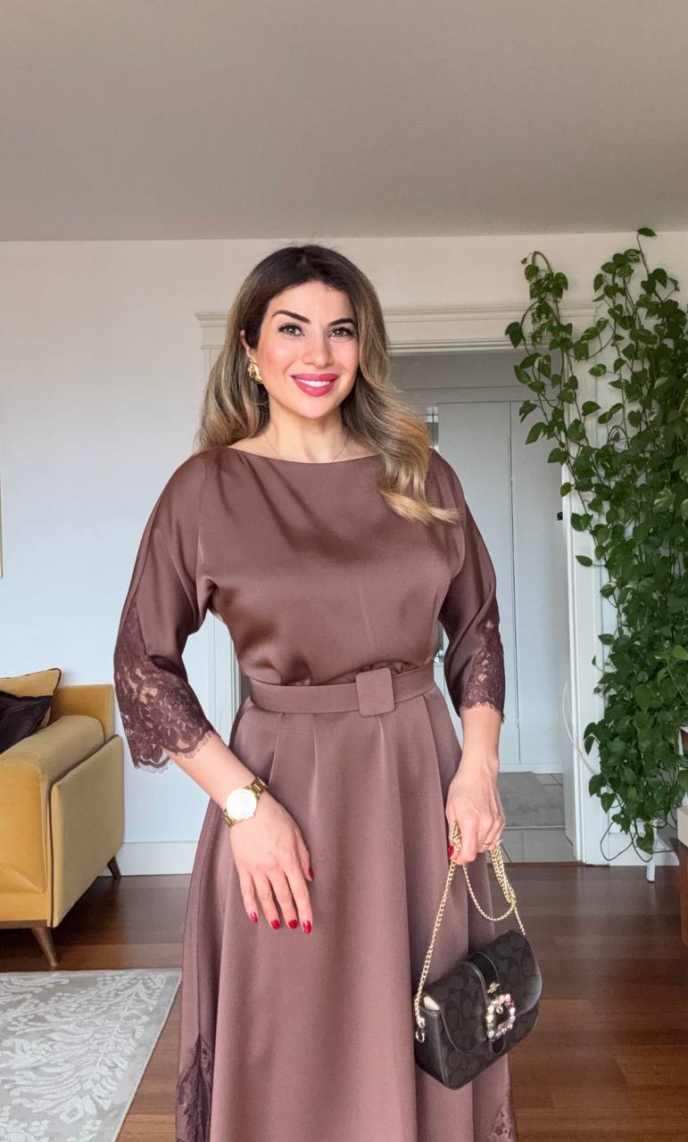 LACE DETAIL BELTED ELEGANT MIDI DRESS – MOCHA BROWN