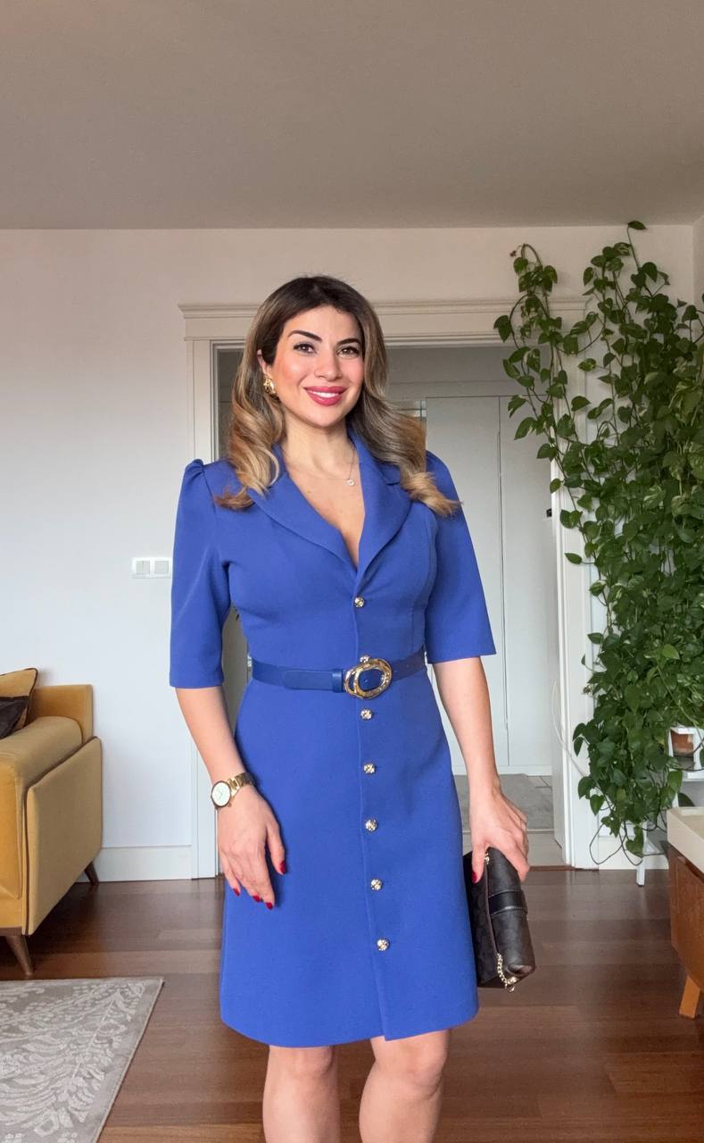 BELTED BUTTON-DOWN MIDI DRESS – SAX BLUE