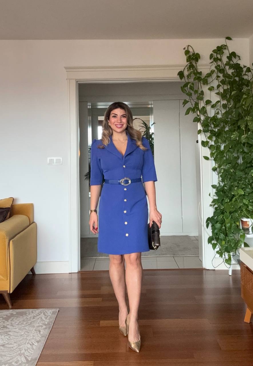 BELTED BUTTON-DOWN MIDI DRESS – SAX BLUE