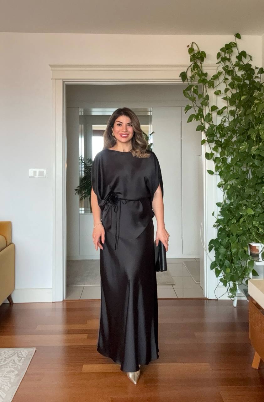 SATIN FABRIC BATWING SLEEVE BELT-TIED SET – BLACK