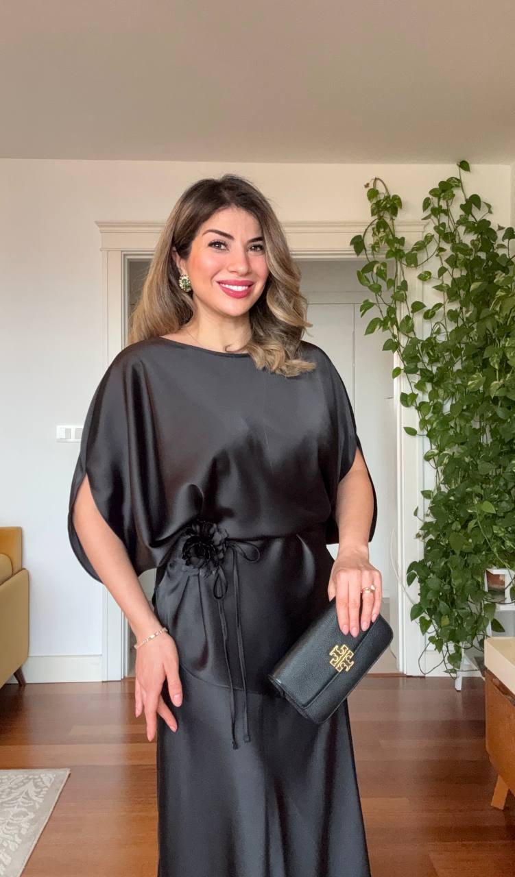 SATIN FABRIC BATWING SLEEVE BELT-TIED SET – BLACK