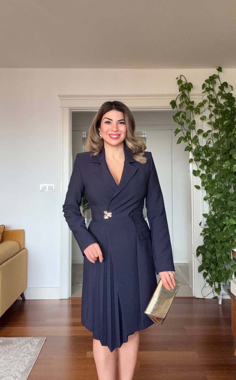 WRAP V-NECK MIDI DRESS WITH GOLD BUCKLE DETAIL – NAVY BLUE