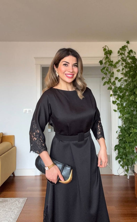 LACE DETAIL BELTED ELEGANT MIDI DRESS – BLACK