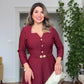 MIDI DRESS WITH GOLD BUTTON AND BELT DETAIL – BURGUNDY