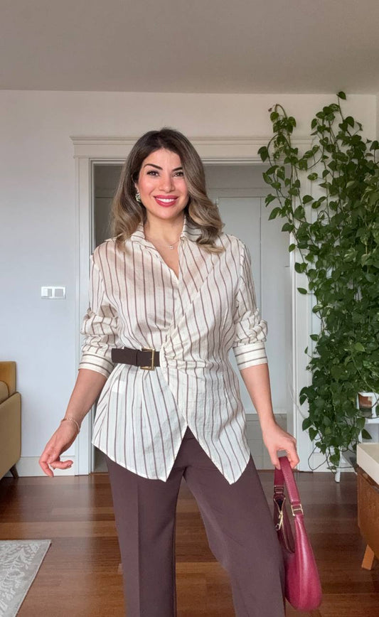 STRIPED BELTED SHIRT & WIDE LEG TROUSERS SET – BEIGE / BROWN