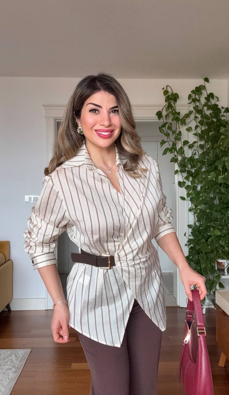 STRIPED BELTED SHIRT & WIDE LEG TROUSERS SET – BEIGE / BROWN