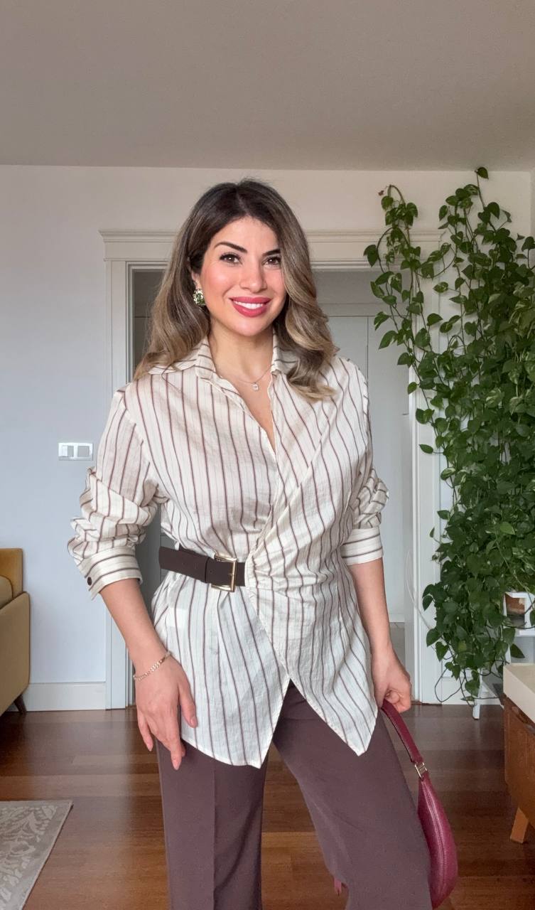 STRIPED BELTED SHIRT & WIDE LEG TROUSERS SET – BEIGE / BROWN