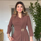 DRAPED BROOCH DETAIL LONG DRESS - BROWN